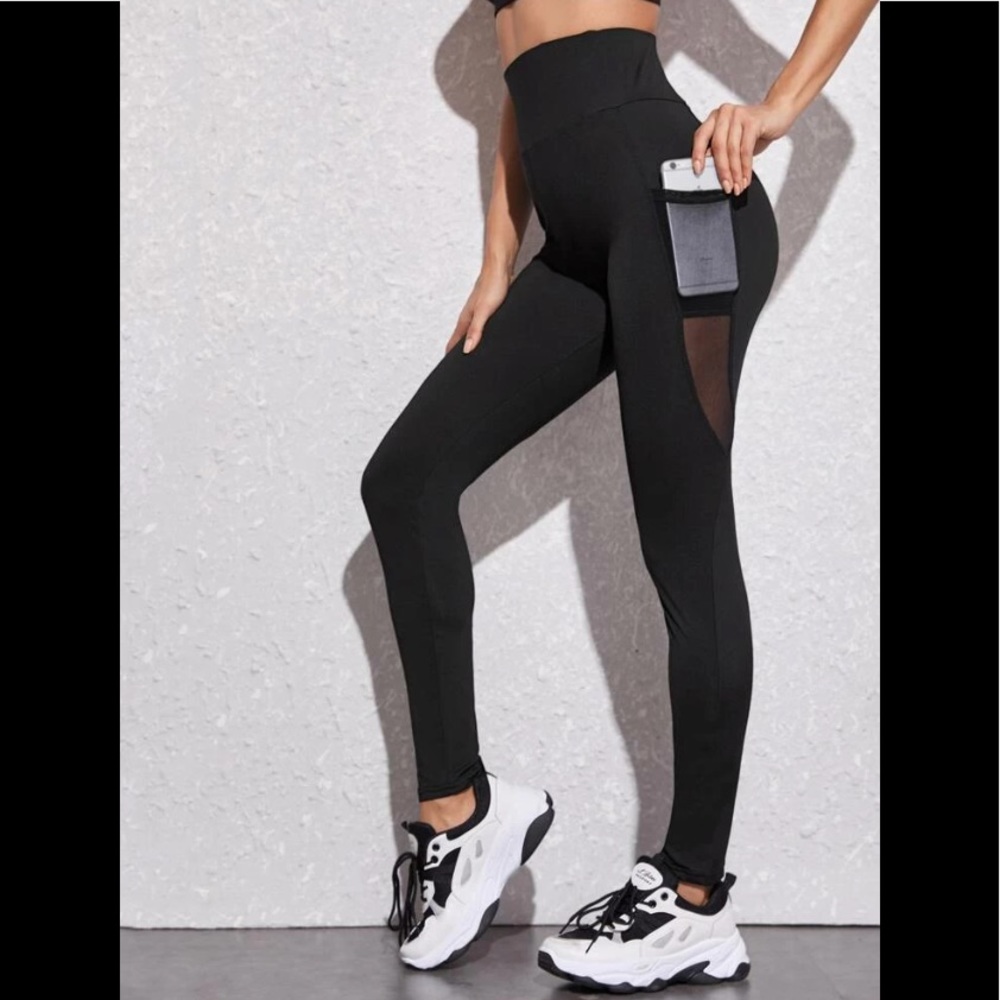 Athletic Wide Waistband Cell Ph/Ipod Side Pocket Contrast Mesh Strip Leggings